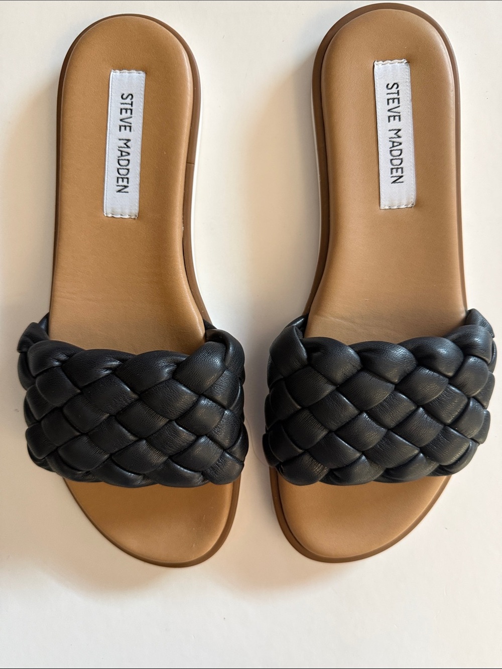 STEVE MADDEN PAISLEE BLACK BRAIDED SLIDE SANDALS, 9